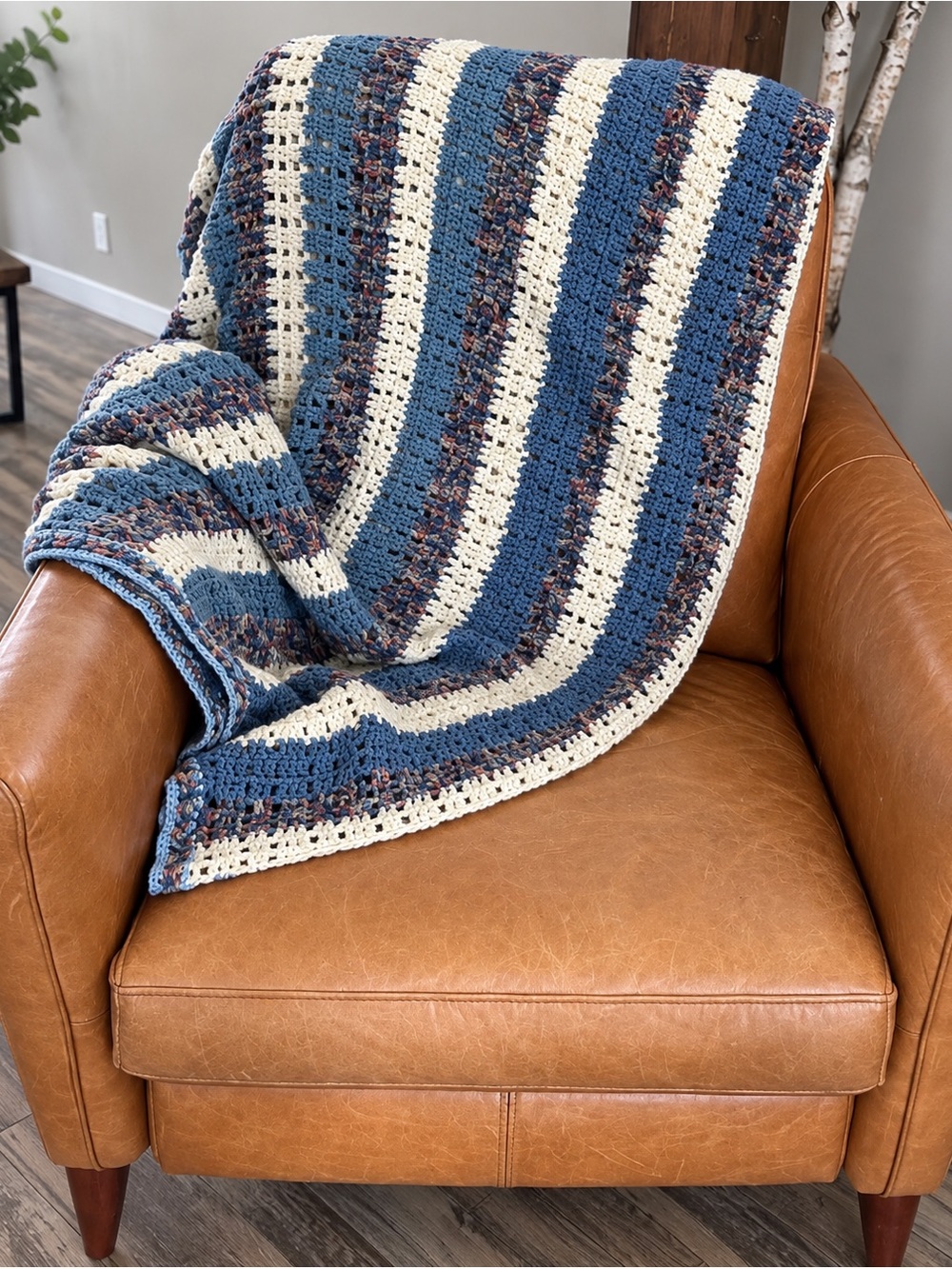 Handmade 5’ x 5.5’Striped Crochet Throw Blue Cream Blanket
